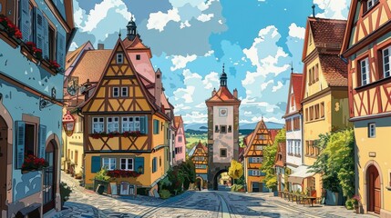 Fototapeta na wymiar Illustration of Rothenburg ob der Tauber, Germany