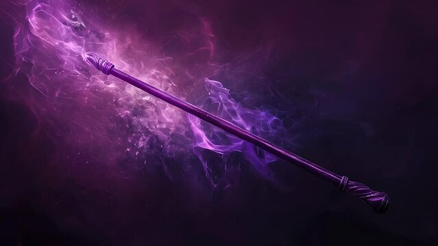 Glowing purple staff emanates magical energy against dark background