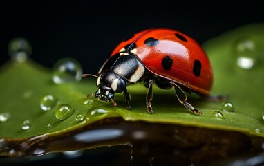 Obraz premium A red ladybug sits on a green leaf in the rain.