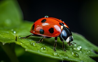 Fototapeta premium A red ladybug sits on a green leaf in the rain.