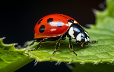 Naklejka premium A red ladybug with black spots on a green leaf