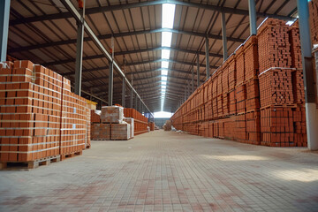 Fototapeta premium Rows stacked bricks inside modern warehouse, construction storage concept