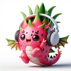 Fototapeta premium cute 3D funny cartoon Dragon fruit with small wireless headphone on head smiling and dancing, white background