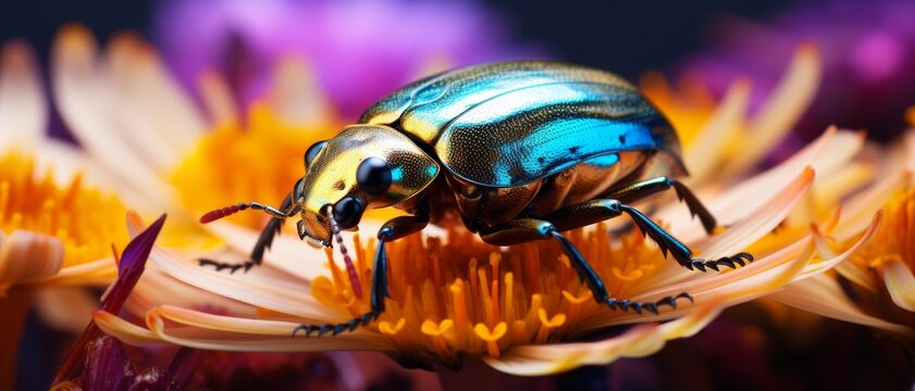 A beautiful iridescent beetle sits on a flower.