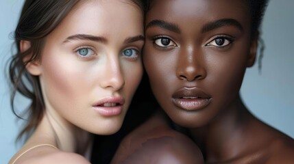 Fototapeta premium Multiracial women with subtle makeup looking directly at the camera, selective focus on natural beauty, theme of authenticity, hyper-realistic, Silhouette, classic grey backdrop