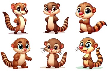 Cartoon illustrations of cute mongooses, set of animal game characters, isolated on white