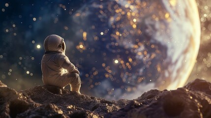 Infant in a space suit exploring the cosmos, selective focus on the surreal environment, theme of curiosity, hyper-realistic, Multilayer, moon-like planet backdrop - Powered by Adobe