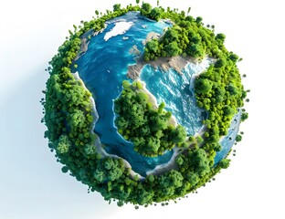 Isometric view of planet earth with blue water and green forest, World Environment Day