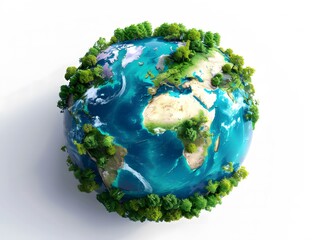 Fototapeta premium Isometric view of planet earth with blue water and green forest, World Environment Day