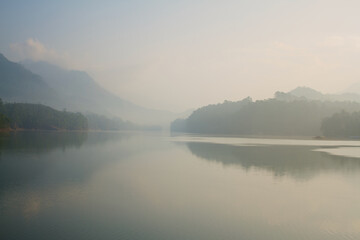 Dramatic view of the mountain range and lake in the morning
