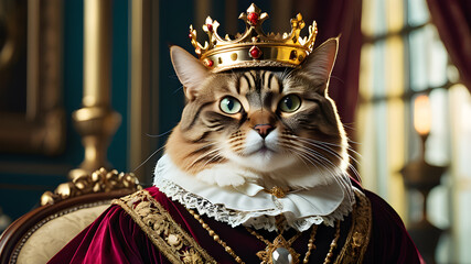 Noble cat wearing a king's outfit and a crown, Generative AI