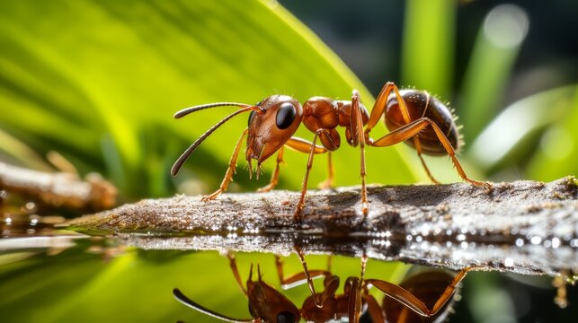 A red ant on a branch in the water reflecting on the surface