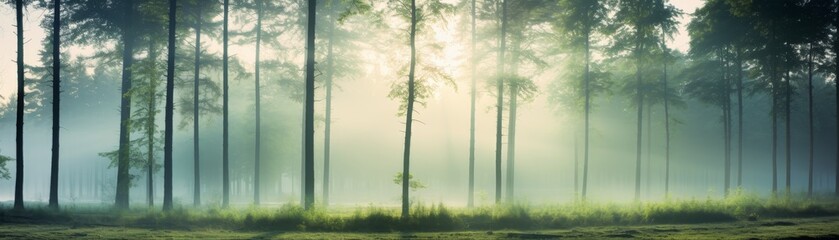 Morning forest with trees appearing blurry