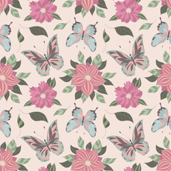 Floral pattern with flowers and butterflies , seamless background with flowers and butterflies.