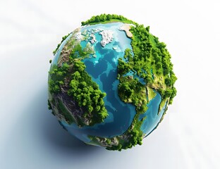 Isometric view of planet earth with blue water and green forest, World Environment Day