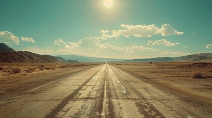 Fototapeta premium Endless Desert Highway Journey Under a Scorching Sun Amid Shimmering Mirages on the Vast Asphalt Expanse