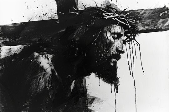 A minimalist painting capturing Jesus carrying the cross, utilizing gentle brush strokes and soft colors to evoke deep emotions, portraying the poignant moment of sacrifice 