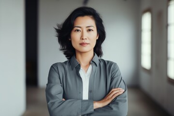 Portrait of a tender asian woman in her 40s with arms crossed isolated on minimalist or empty room background