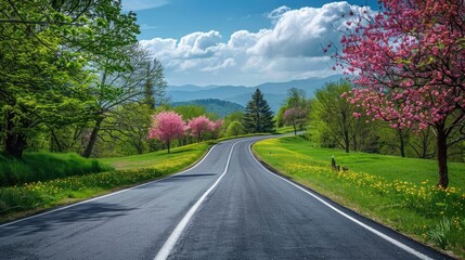 Fototapeta premium Scenic Spring Road Winding Through Blooming Countryside Landscape with Fresh Foliage and Flowering Trees
