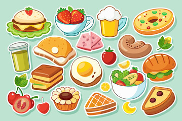 Big set of stickers with food and beverage for breakfast.