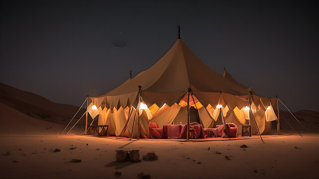 Ramadan tent at night in the desert, Generative AI