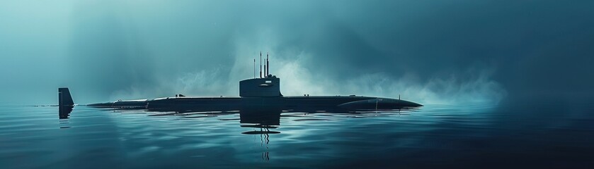 A naval submarine surfaces, breaking the waters calm, a leviathan awakening from the deep to stand sentinel