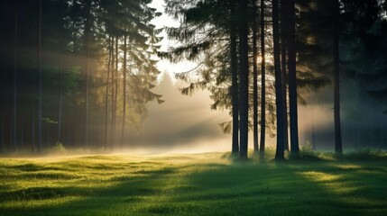 Fototapeta premium Morning forest with trees appearing blurry