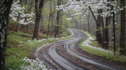 Fototapeta premium Winding Spring Road Through Blossoming Forest Landscape