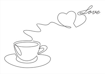 Hot coffee cup with heart shape aroma steam in continuous line art drawing style. Black linear design isolated on white background. Vector illustration