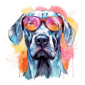 Great Dane. Cool Dog. German Mastiff. German Boarhound clipart. Watercolor illustration. Generative AI. Detailed illustration.