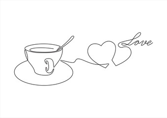 Hot coffee cup with heart shape aroma steam in continuous line art drawing style. Black linear design isolated on white background. Vector illustration