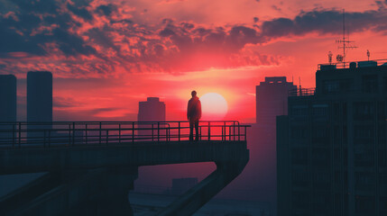 Homem fica em uma ponte e olha o pôr do sol na cidade