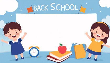 Back to school banner with cute cartoon kids holding books, apple and alarm clock
