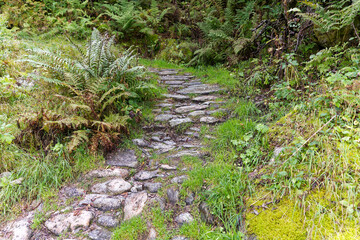 Scenic view of alpine landscape at hiking trail at Swiss mountain pass Grimsel on a cloudy late summer day. Photo taken September 19th, 2023, Grimsel, Canton Bern, Switzerland.