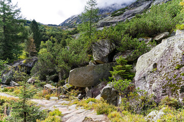 Scenic view of alpine landscape at hiking trail at Swiss mountain pass Grimsel on a cloudy late summer day. Photo taken September 19th, 2023, Grimsel, Canton Bern, Switzerland.