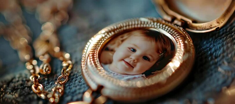 Locket with child's photo rests amidst jewelry