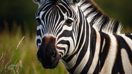 Naklejka premium Close up portrait of african striped zebra. Beautiful animal wildlife safari photography illustration wallpaper concept.