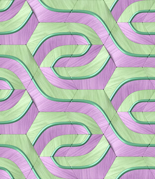 Abstract geometric 3D pattern in green and purple hues