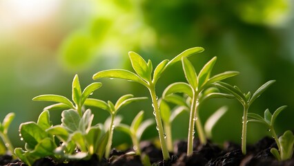 Young plants grow in the garden with sunlight. green background.

