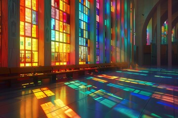 A colorful stained glass window with a cathedral setting