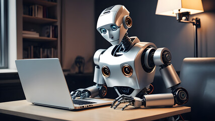 Robot at the computer. Office worker ai robot., Generative AI
