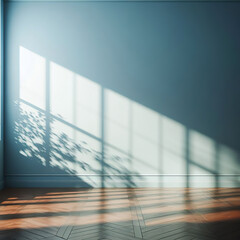 sfondo blu polvere di interno con luce proveniente da una finestra su parete vuota con ombra di foglie e pavimento in legno marrone scuro con spazio vuoto per presentazione prodotto	
