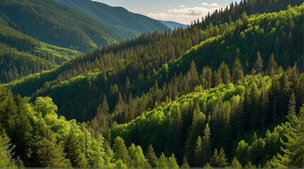 Obraz premium Scenic view of a green pine forest. Hills covered in evergreen trees. Beautiful taiga wood nature aerial photography wallpaper illustration.