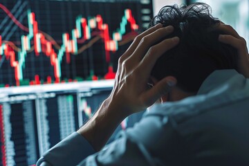 A stressed businessman, trader, and investor sits at his desk, analyzing falling stock market data on his laptop with a sad expression, feeling desperate about financial losses.