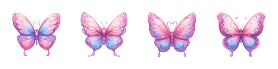 Set beautiful colorful cartoon exotic vector isolated on white pastel pink blue butterfly with colorful wings and antennae