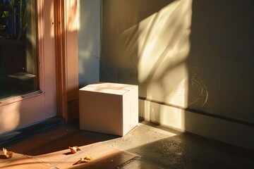 A box is sitting on a wooden floor in a room with a window