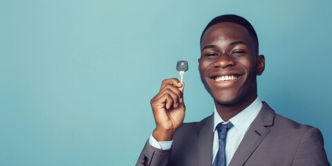 A young man in a suit is holding a set of keys in front of a residential building. He is smiling.