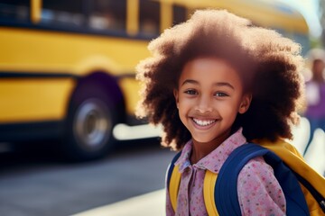  a happy 7 year old afro haired girl with a purple shirt in front of the the yellow school bus with a backpack 