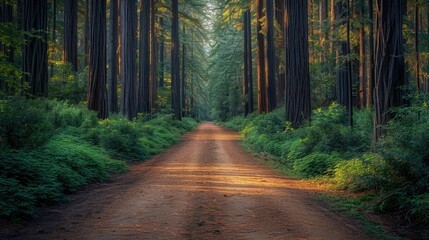 Serene Forest Road Winding Through Towering Trees Offering Peaceful Solitude and Tranquil Adventure - Powered by Adobe