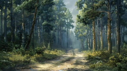 Obraz premium Forest Road Serenity A Secluded Path Through Towering Trees Offering Peace and Solitude